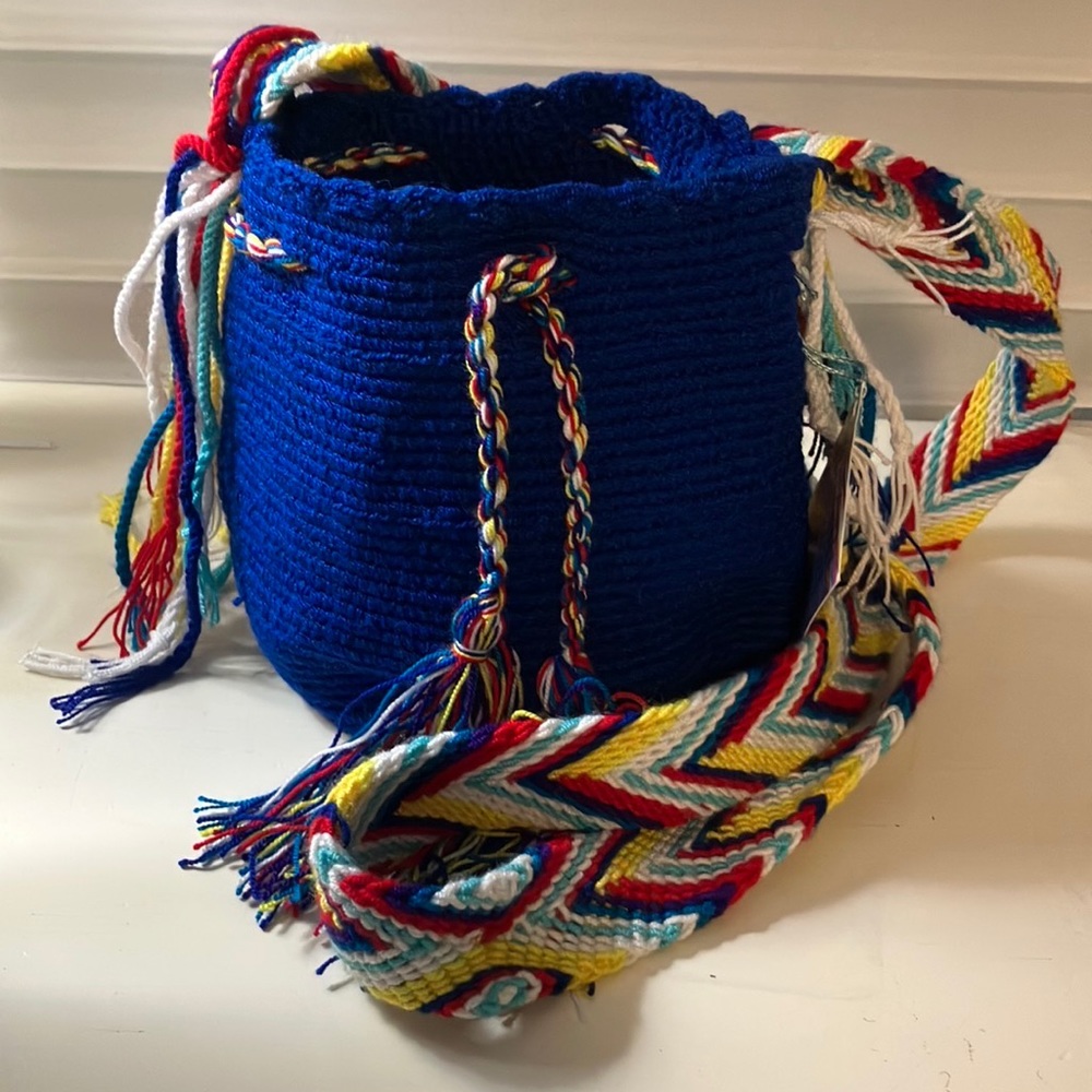 Wayuu small Mochila bags Handmade Blue and multi-colored strap